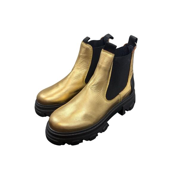 Ganni Low Chelsea Boots Metallic Leather Chunky Lug Sole Cyberpunk Gold Sz 10 - Picture 5 of 10